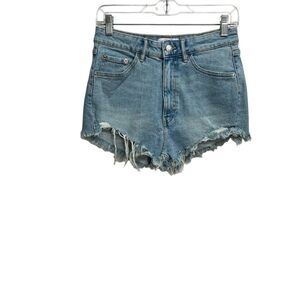 Zara Womens Denim Shorts Size 6 Blue Light Wash Frayed Hem High Rise Cotton